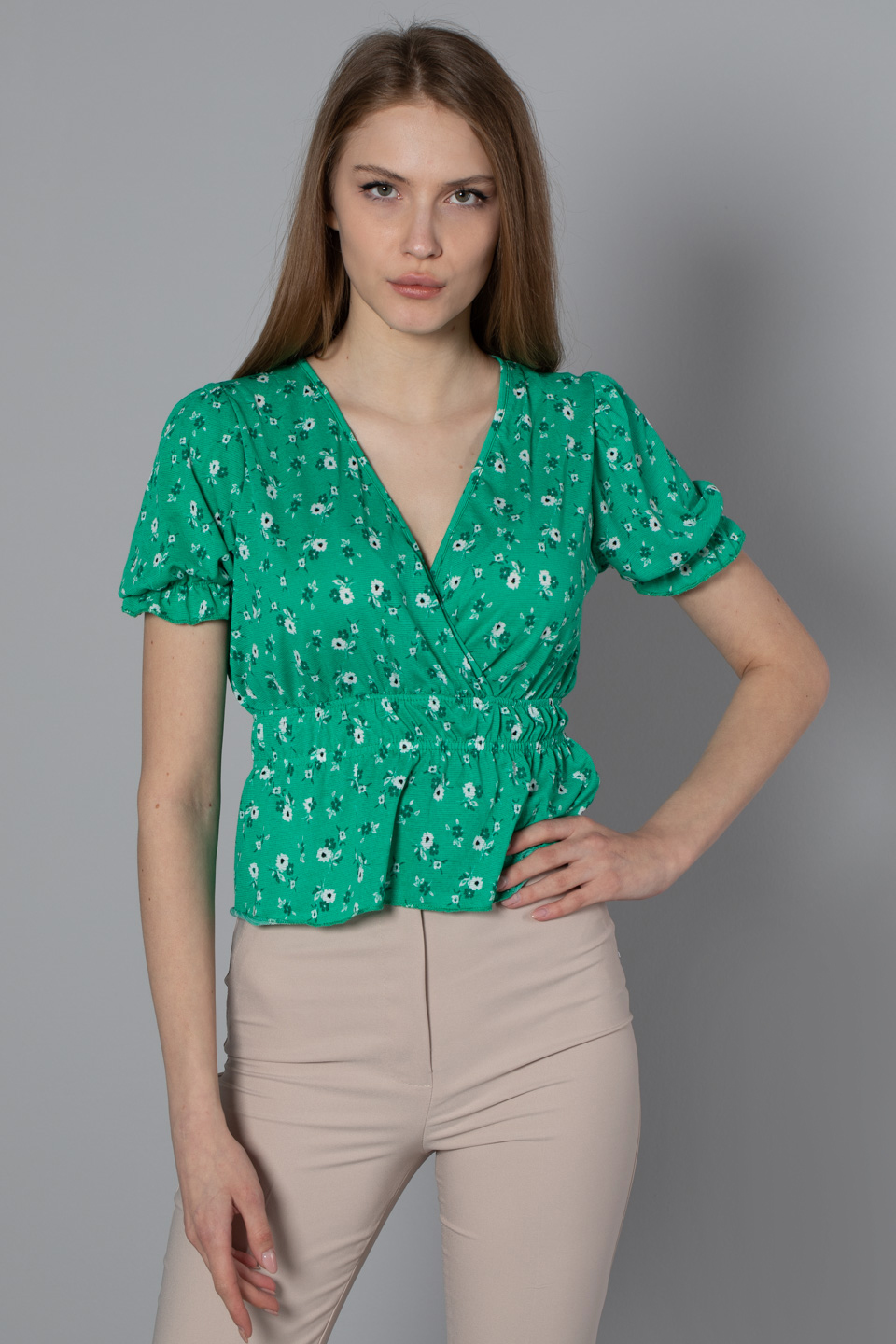 Kruvaze yaka bel büzgülü bluz-S0010195 Benetton