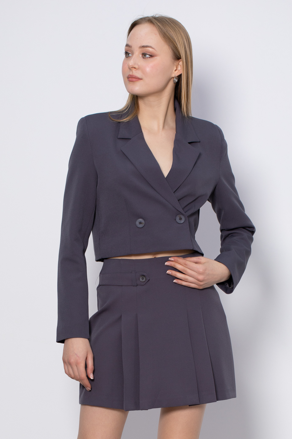 Kruvaze yaka crop ceket-7114 Antrasit