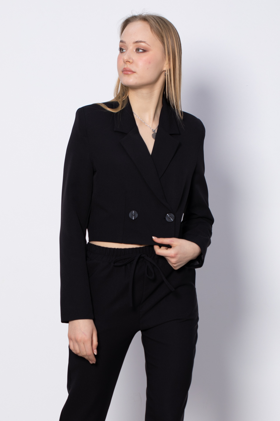 Kruvaze Yaka Crop Ceket - Siyah