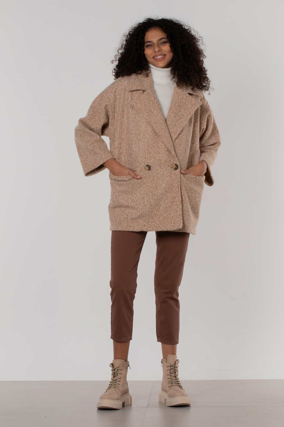 Kruvaze yaka kıvırcık kaban-50585 Camel