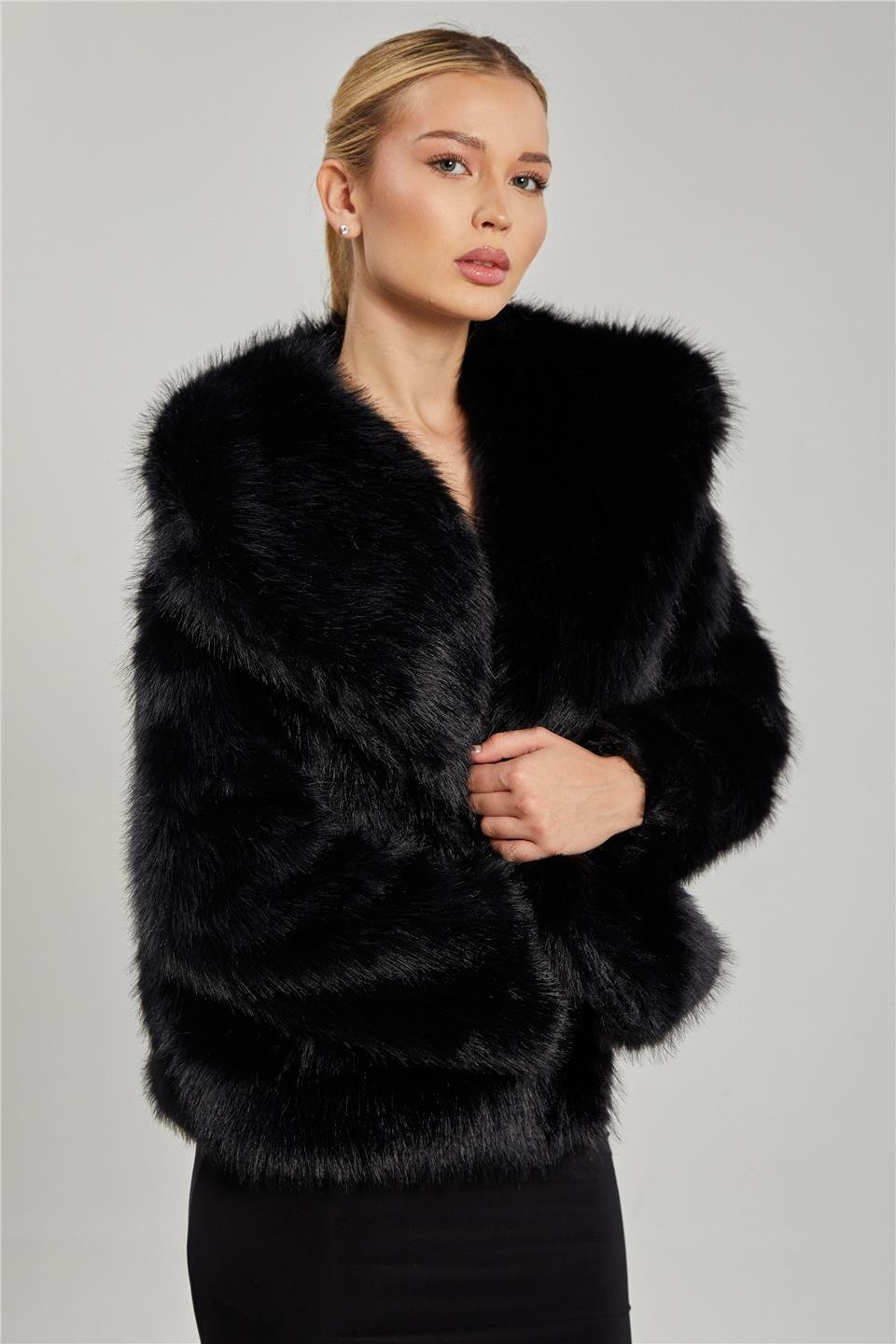 Kruvaze yaka peluş mont-23-273 Siyah