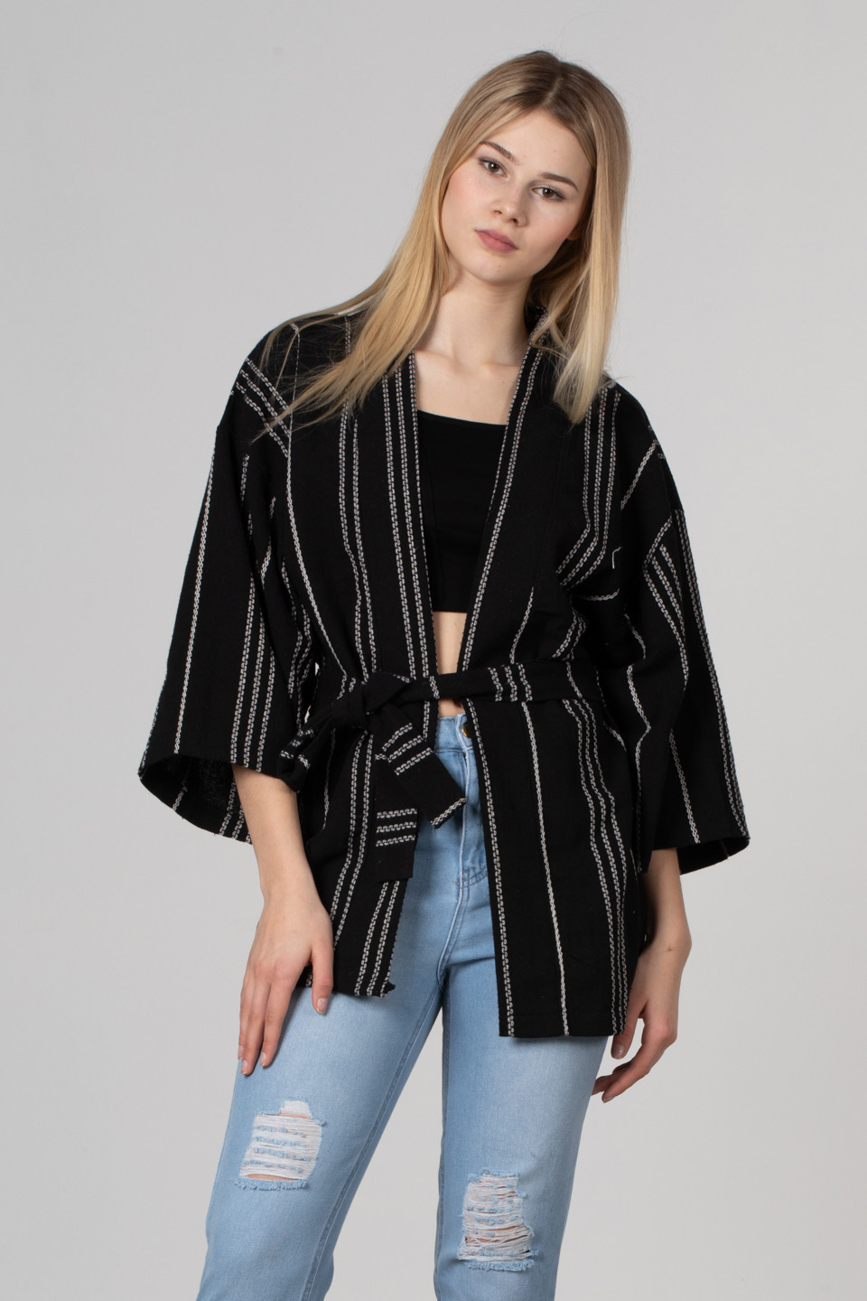 Kuşaklı kimono-35-6683 Siyah