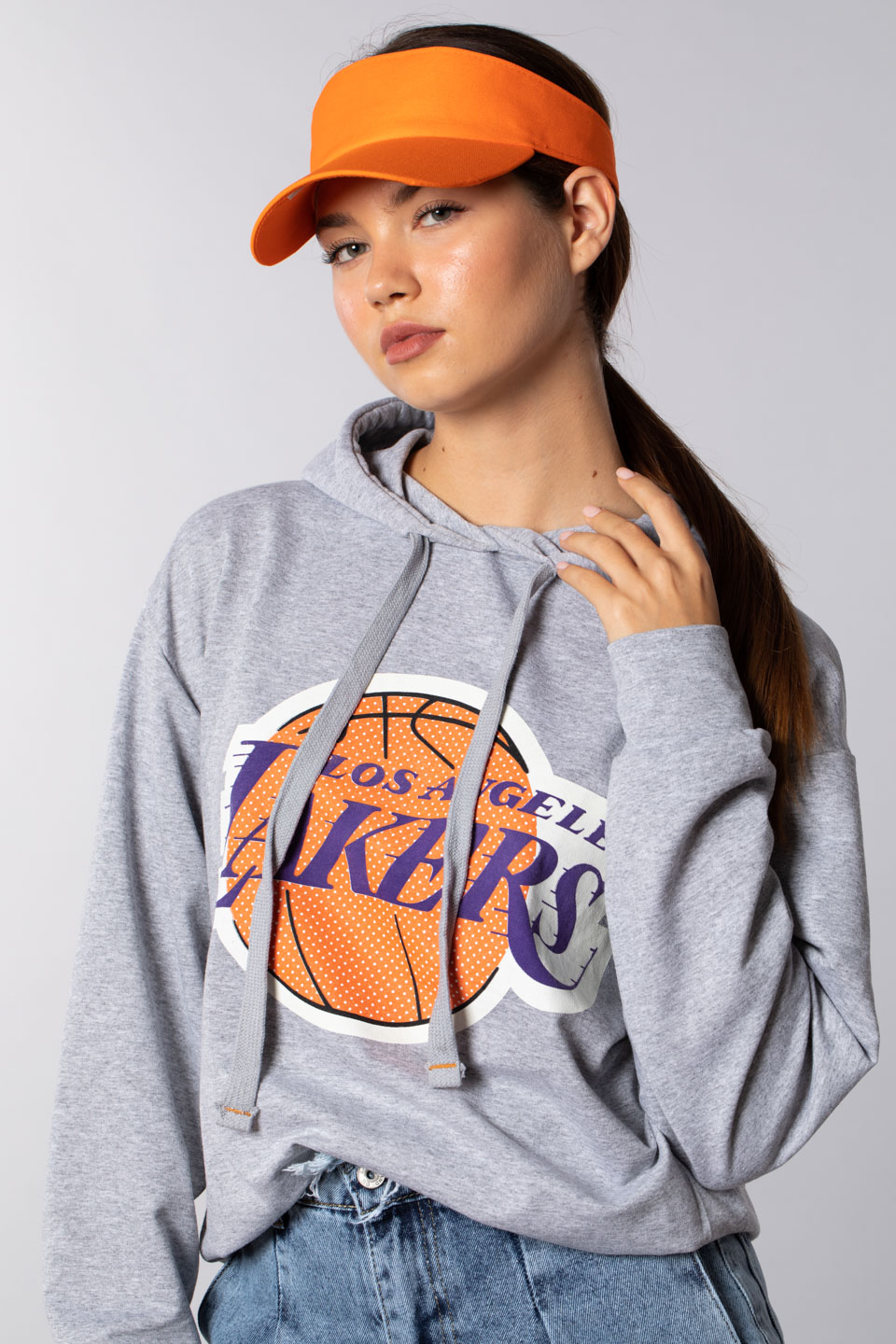 Lakers baskılı over size sweatshırt-5164 Gri
