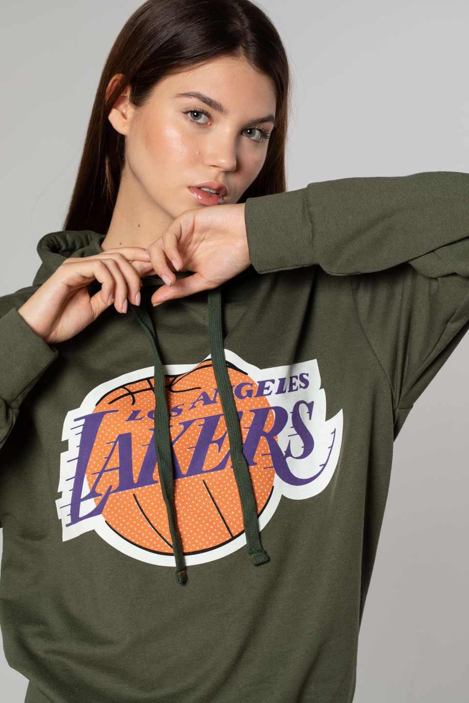 Lakers Baskılı Over Size Sweatshirt-Haki
