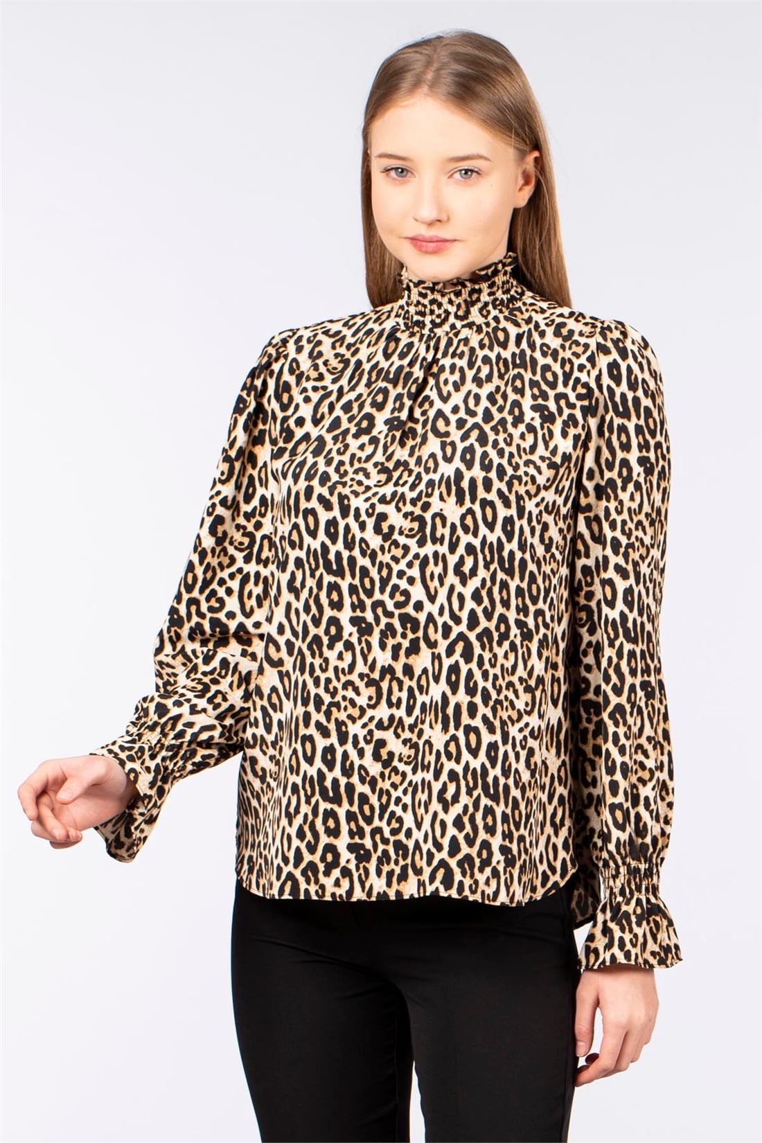 Leopar Desen Gipeli Bluz-Kahve