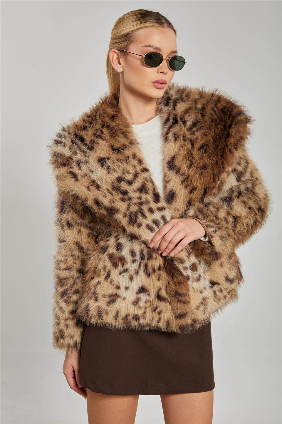 Leopar desenli peluş mont-23-273-1 Kahve
