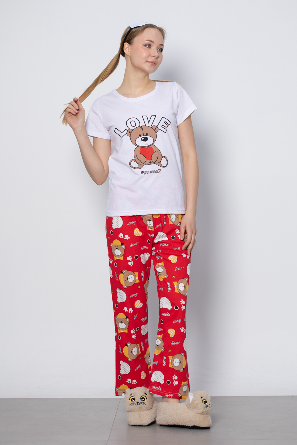 Love ayı baskılı pijama takım-2030 Kırmızı