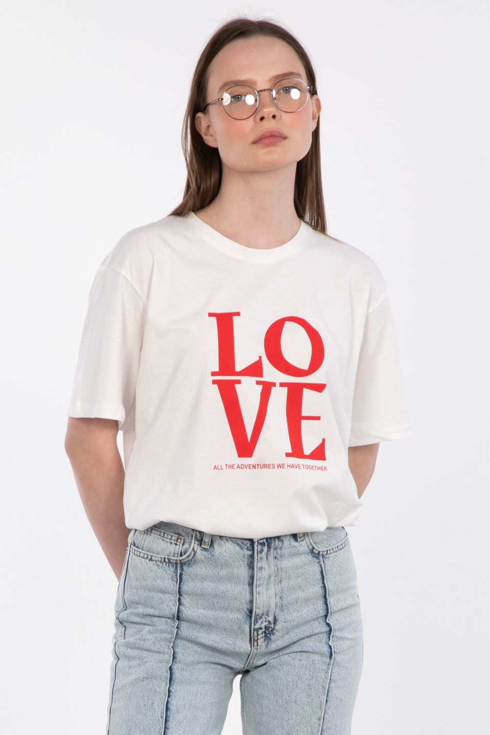 Love baskılı basıc t-shirt-3088 Beyaz