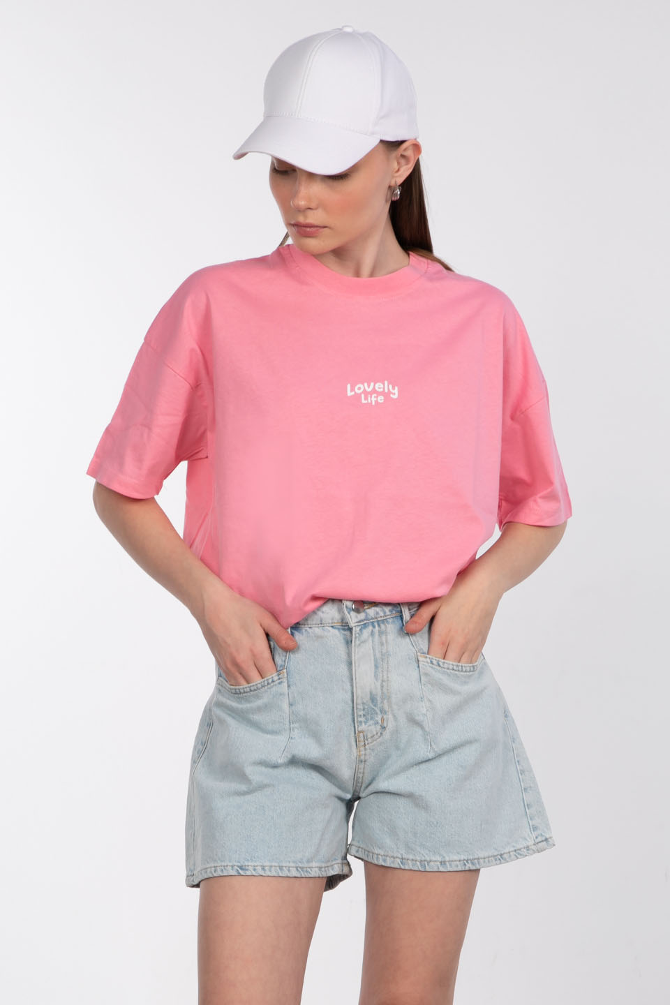 Lovely lıfe baskılı bisiklet yaka t-shirt-83-947 Pembe