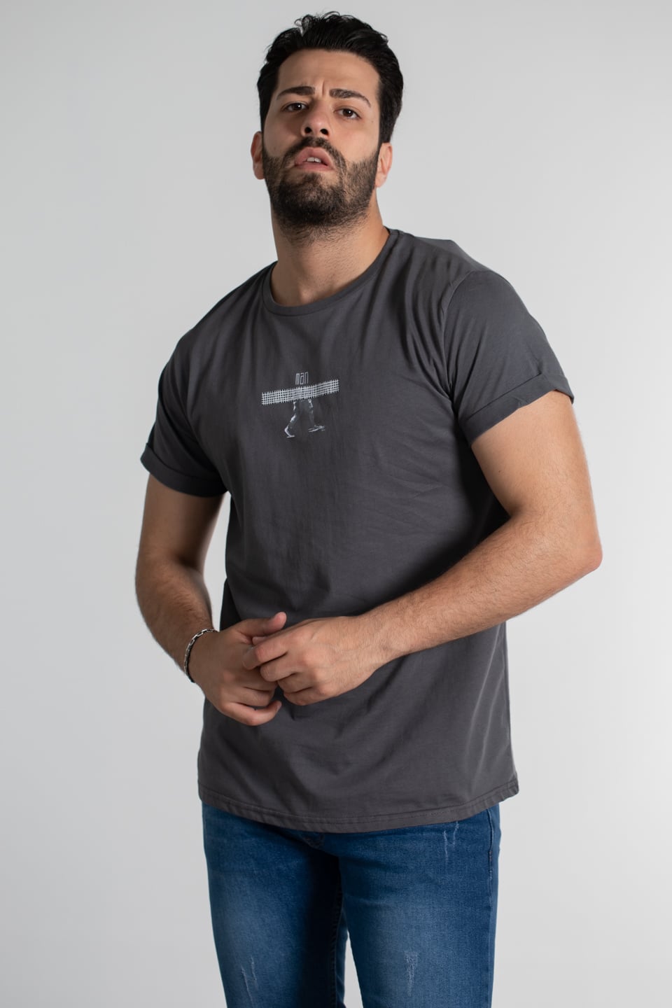 Man baskılı double kol t-shırt-2108-1 Füme