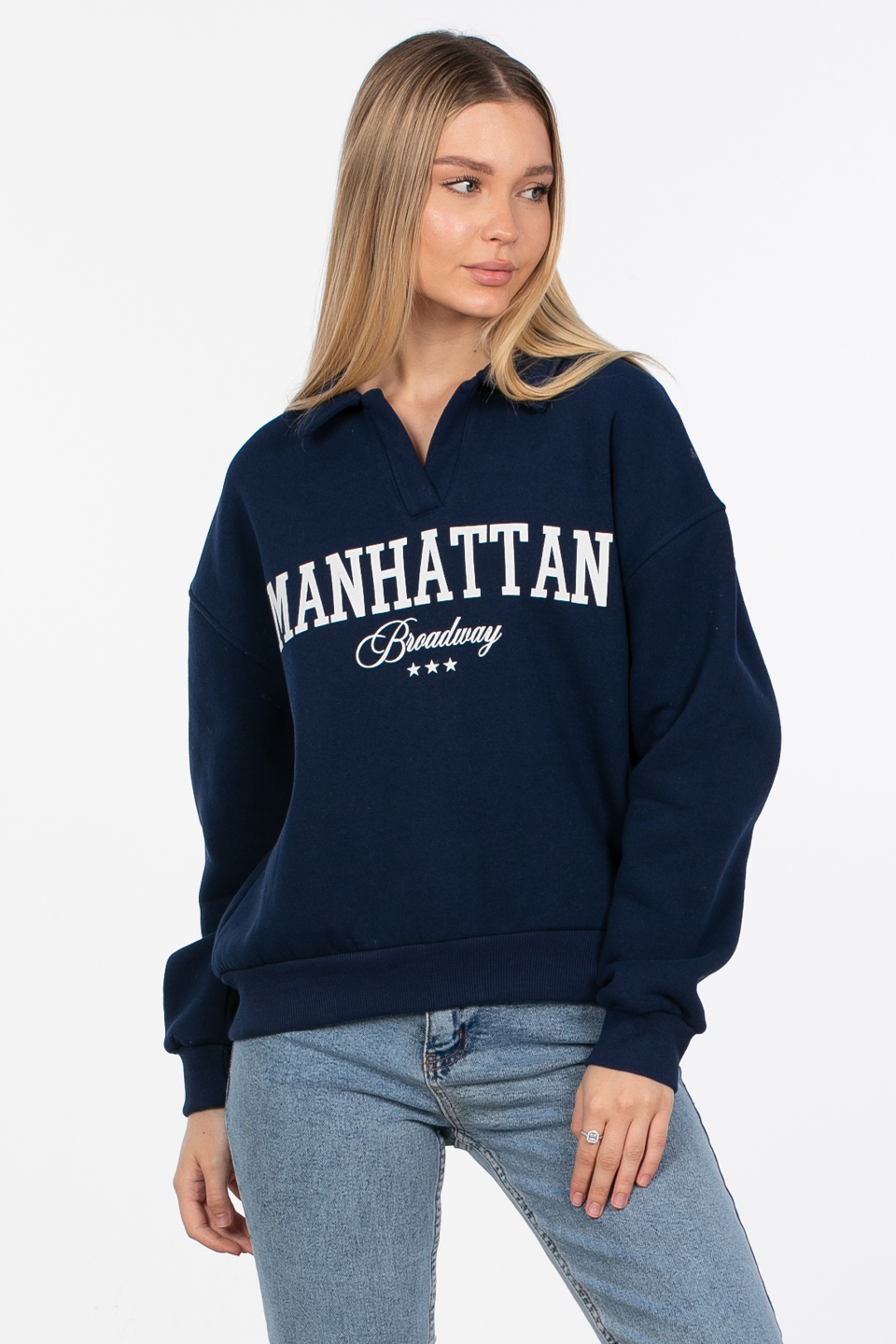 Manhattan baskılı sweatshirt-82-152 Lacivert/Ekru