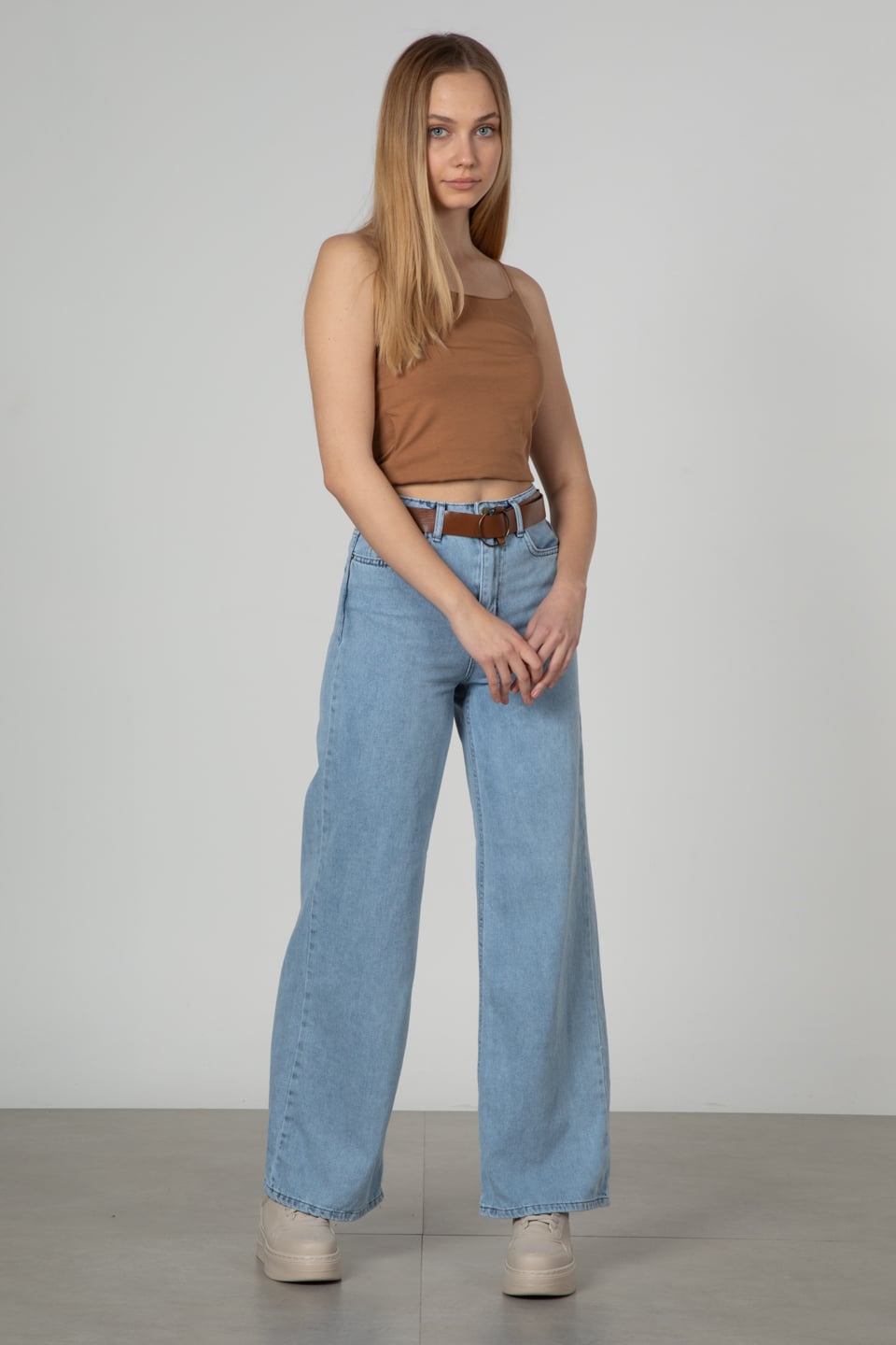 MARY-Kemerli bol paça pantolon-2265 Mavi Kar Y.