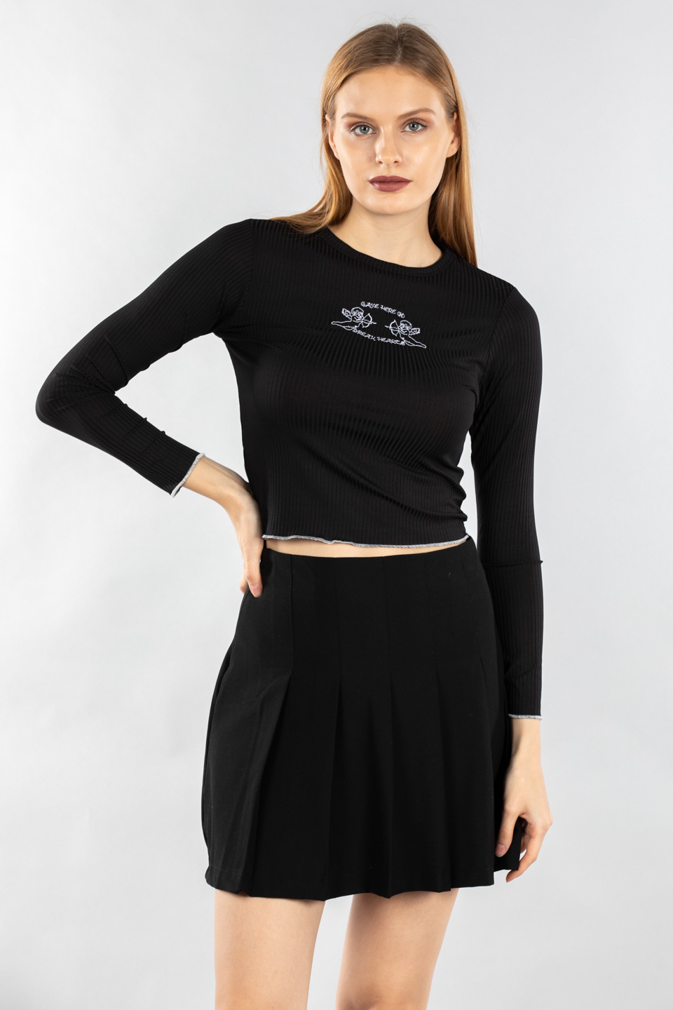 Melek nakışlı uzun kollu body-7364 Siyah