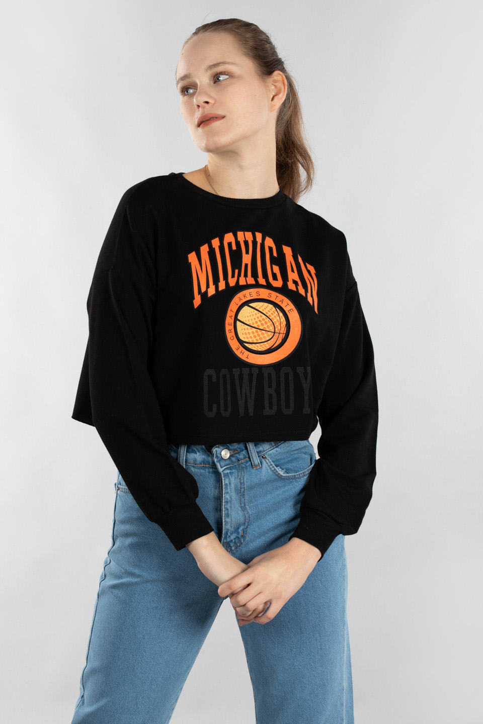 Mıchıgan baskılı crop sweatshırt-9643 Siyah