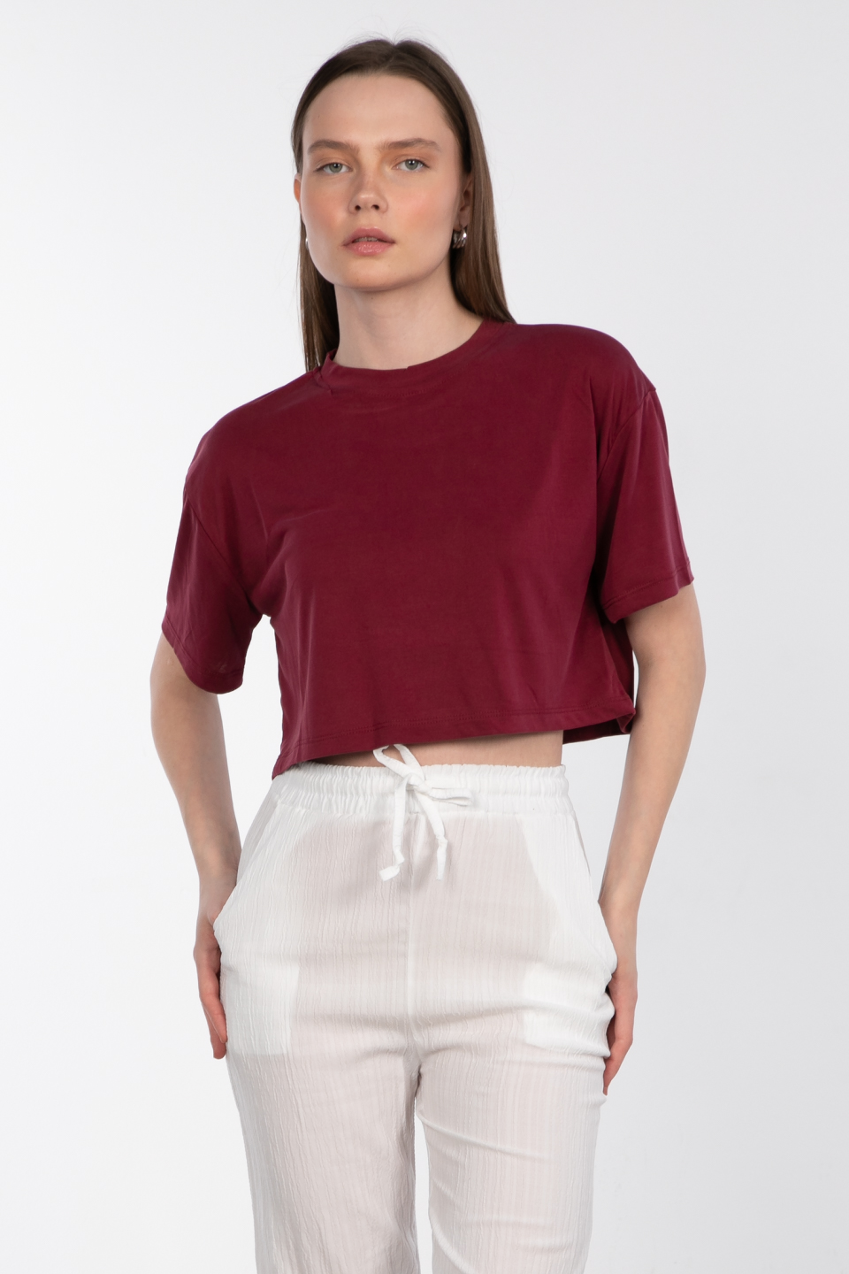 Modal bisiklet yaka crop t-shirt-83-090 Bordo