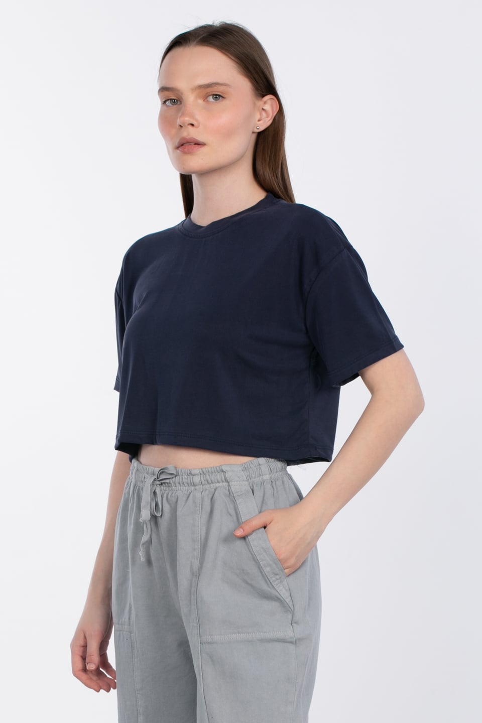 Modal bisiklet yaka crop t-shirt-83-090 Lacivert