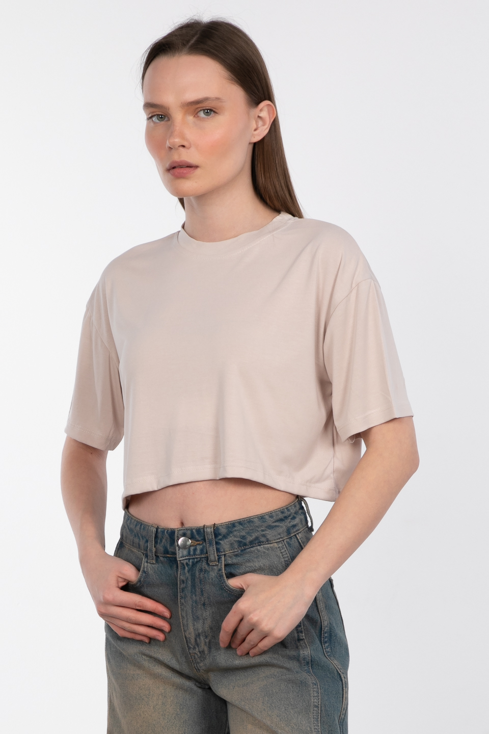 Modal bisiklet yaka crop t-shirt-83-090 Taş