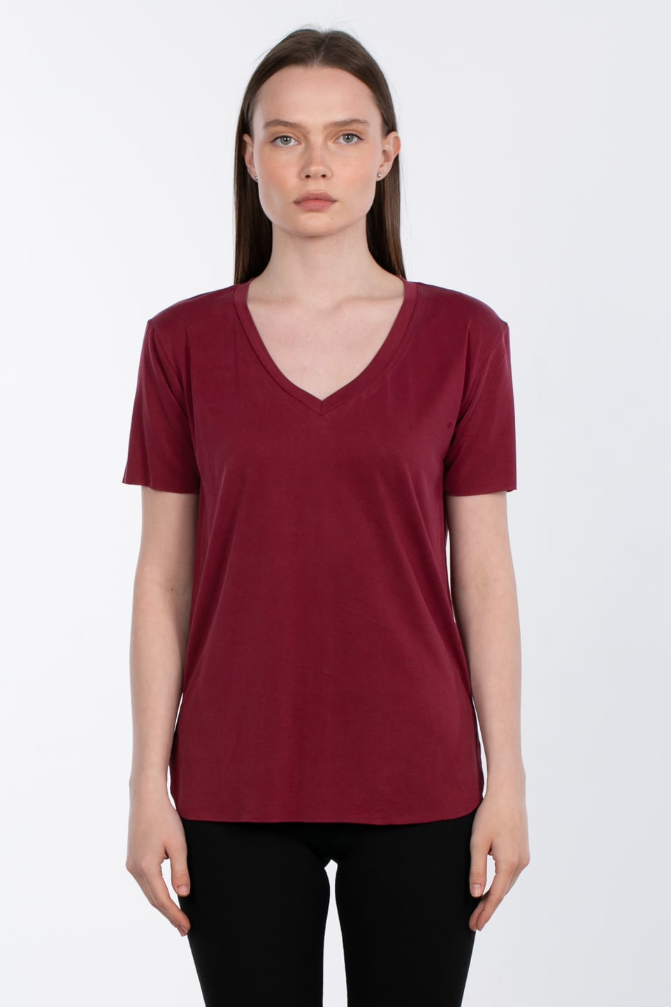 Modal v yaka yanı yırtmaçlı t-shirt-83-146 Bordo