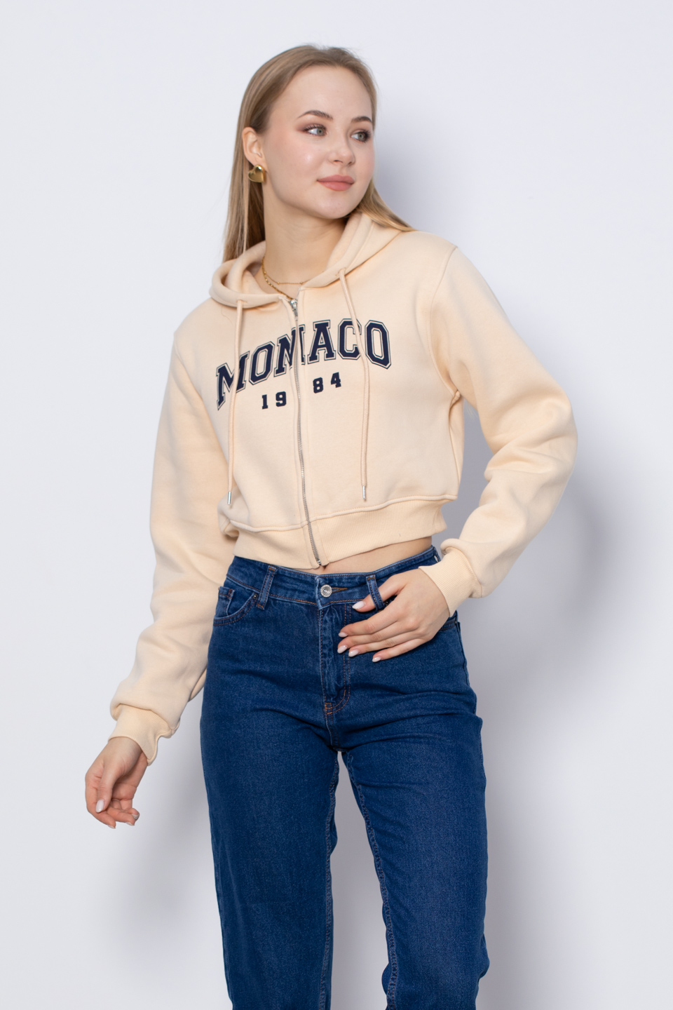 Monaco baskılı fermuarlı sweatshirt-3640 Kemik