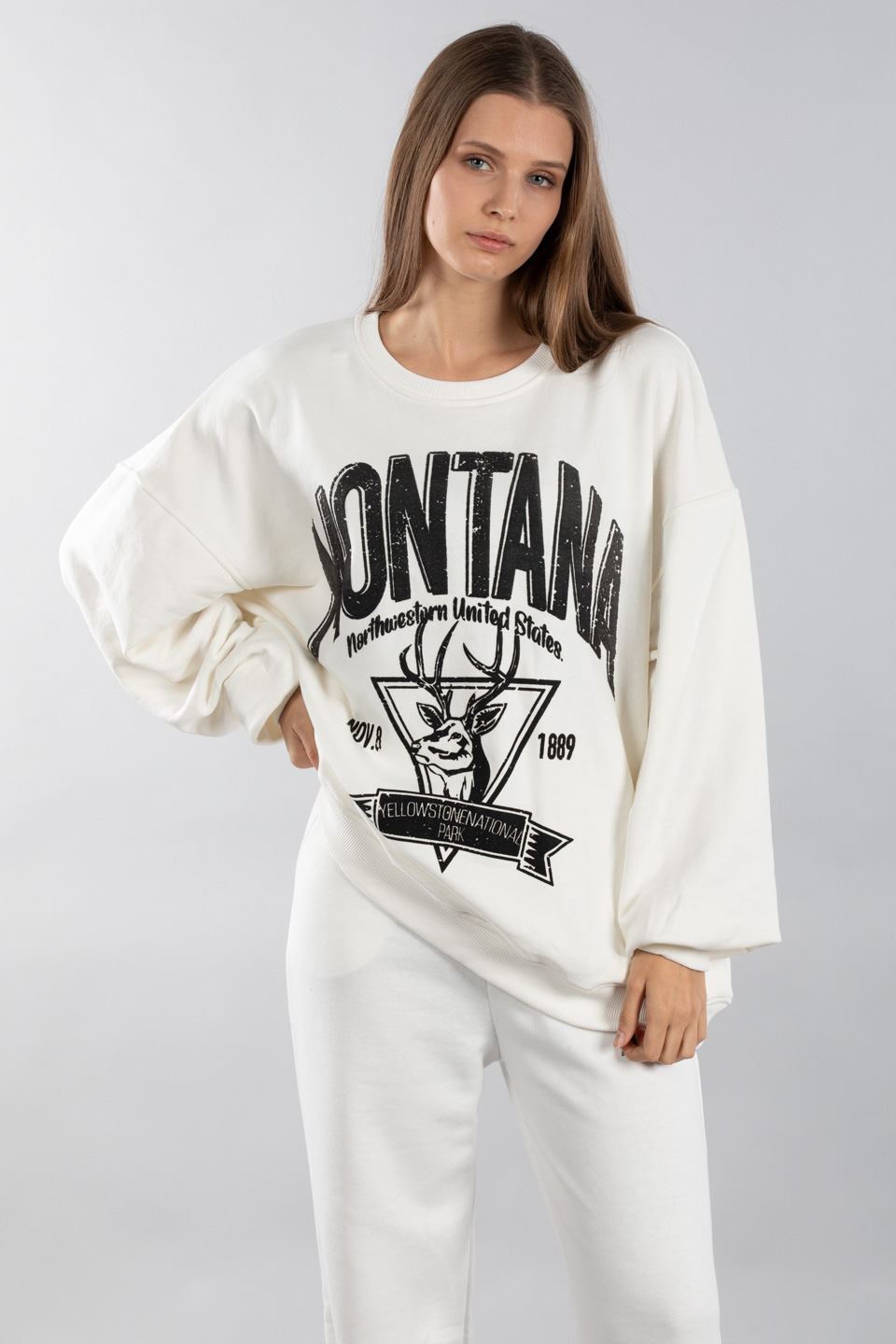 Montana baskılı bisiklet yaka sweatshirt-5163 Ekru/Siyah