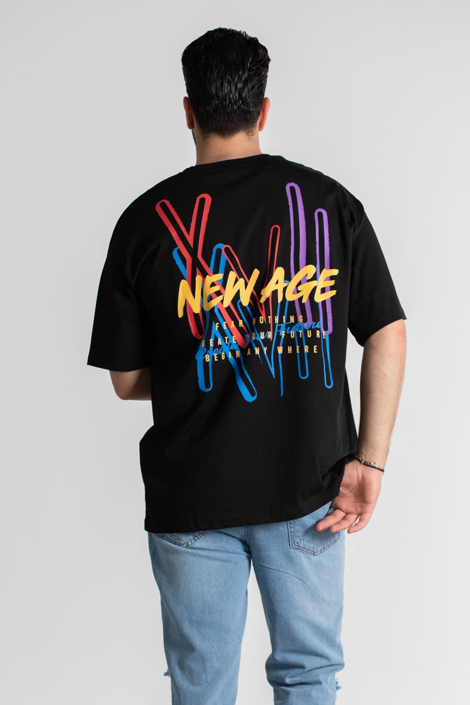 New age baskılı oversize t-shirt-4005 Siyah