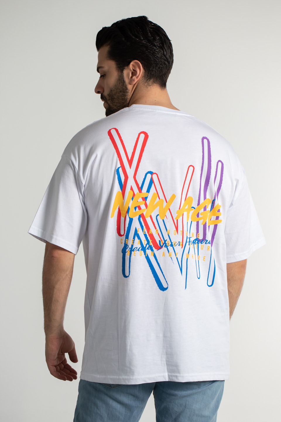 New age baskılı oversize t-shirt-4005 Beyaz