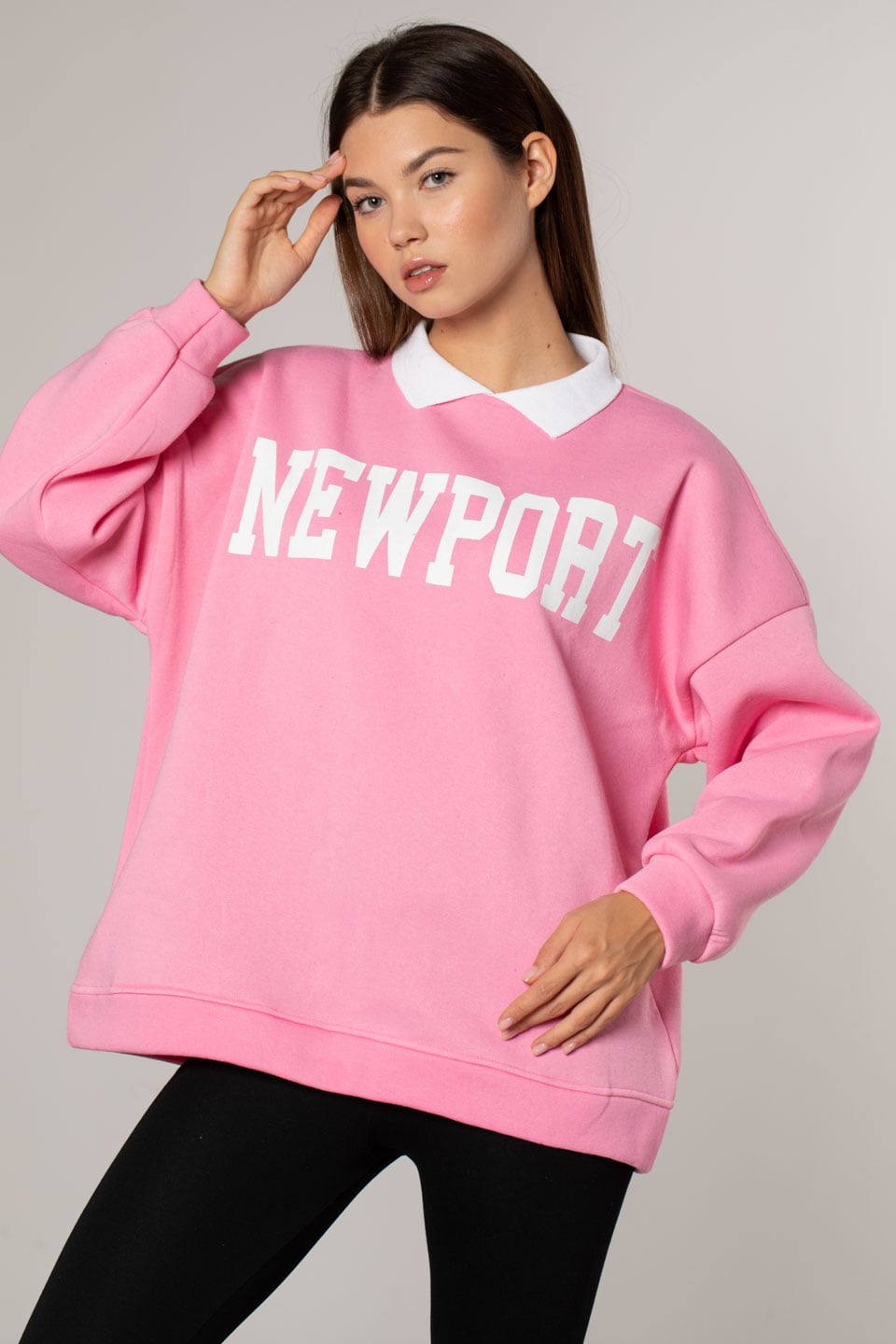 Newport Baskılı Gömlek Yaka Sweatshirt-Ş.Pembe