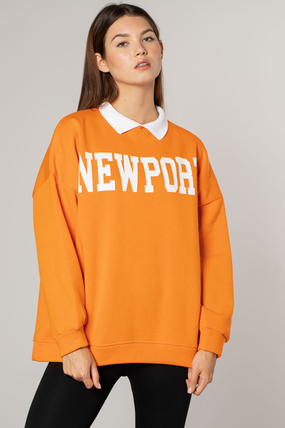 Newport Baskılı Gömlek Yaka Sweatshirt-Oranj
