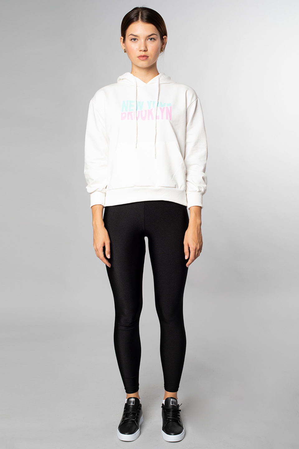 Newyork Yazı Baskılı Kapüşonlu Sweatshirt-Ekru