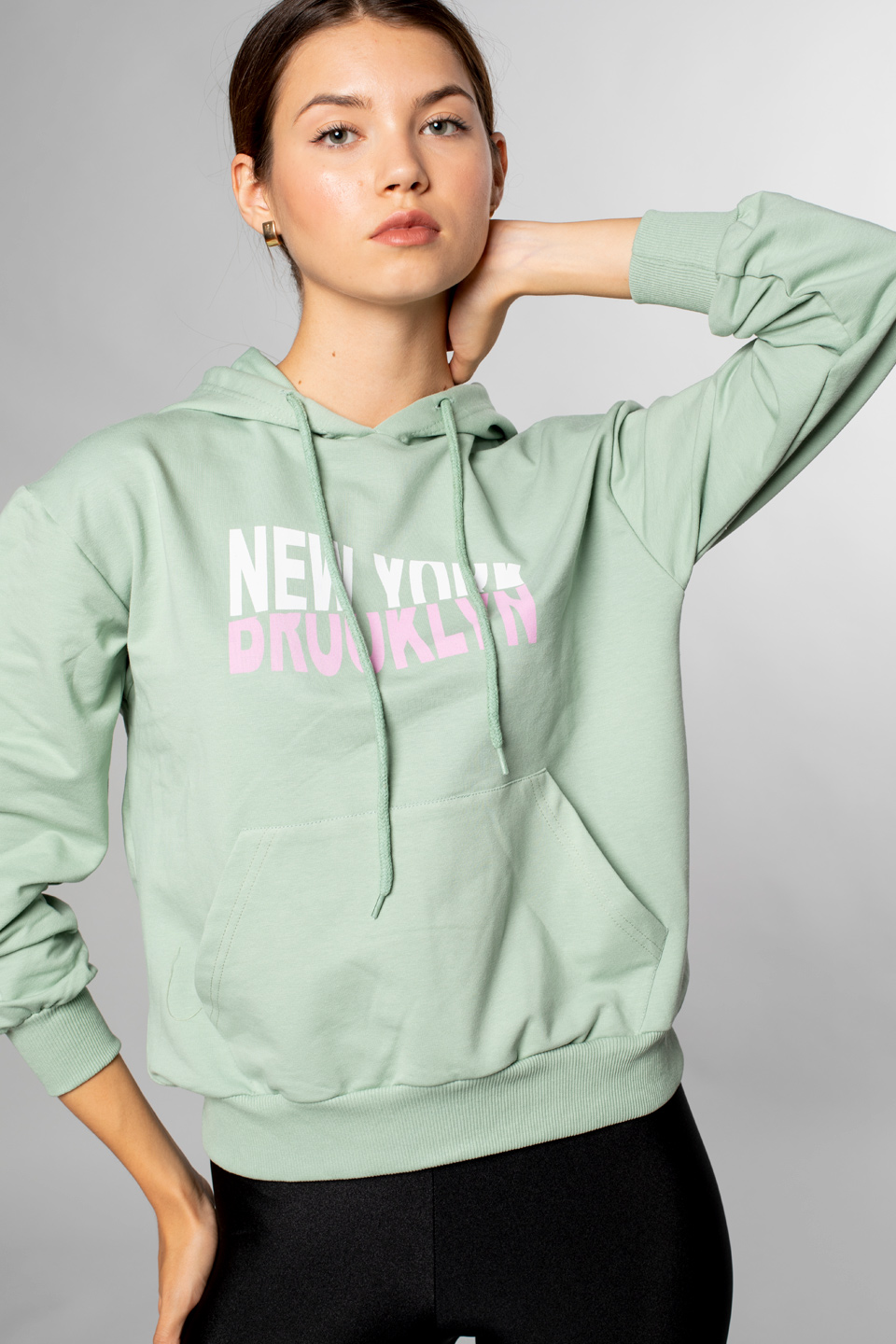 Newyork Yazı Baskılı Kapüşonlu Sweatshirt-Çağla