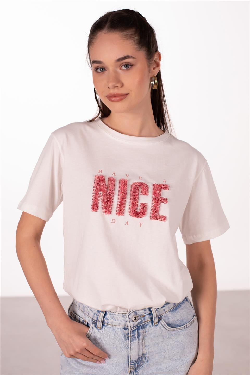 Nice yazılı t-shirt-2507 Beyaz