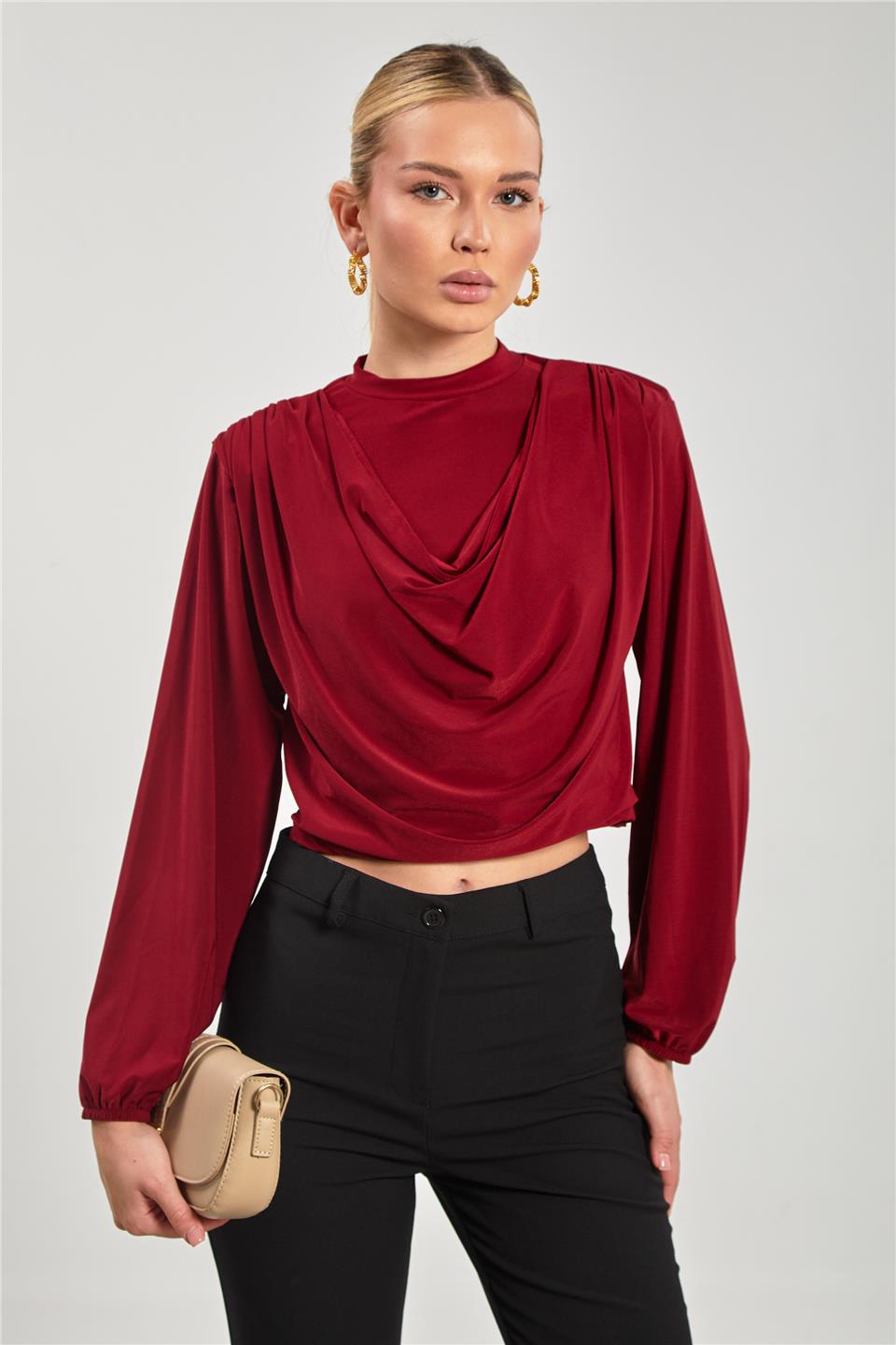 Omuz vatkalı degaje yaka bluz-13660 Bordo
