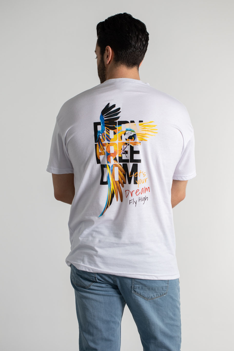 Ön arka freedom yazı baskılı t-shırt-4011 Beyaz