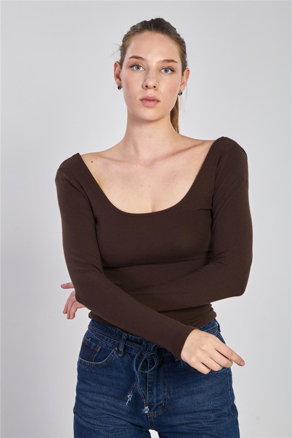 Ön arka kayık yaka body-4410 Kahve