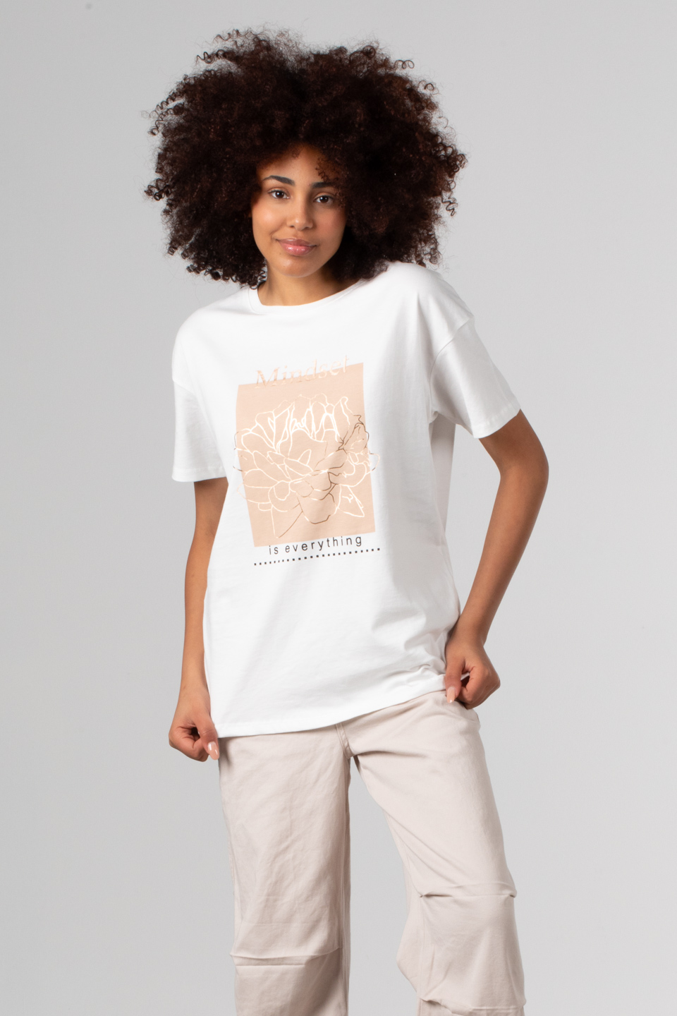 Ön çiçek baskılı t-shirt-DVN0342 Beyaz