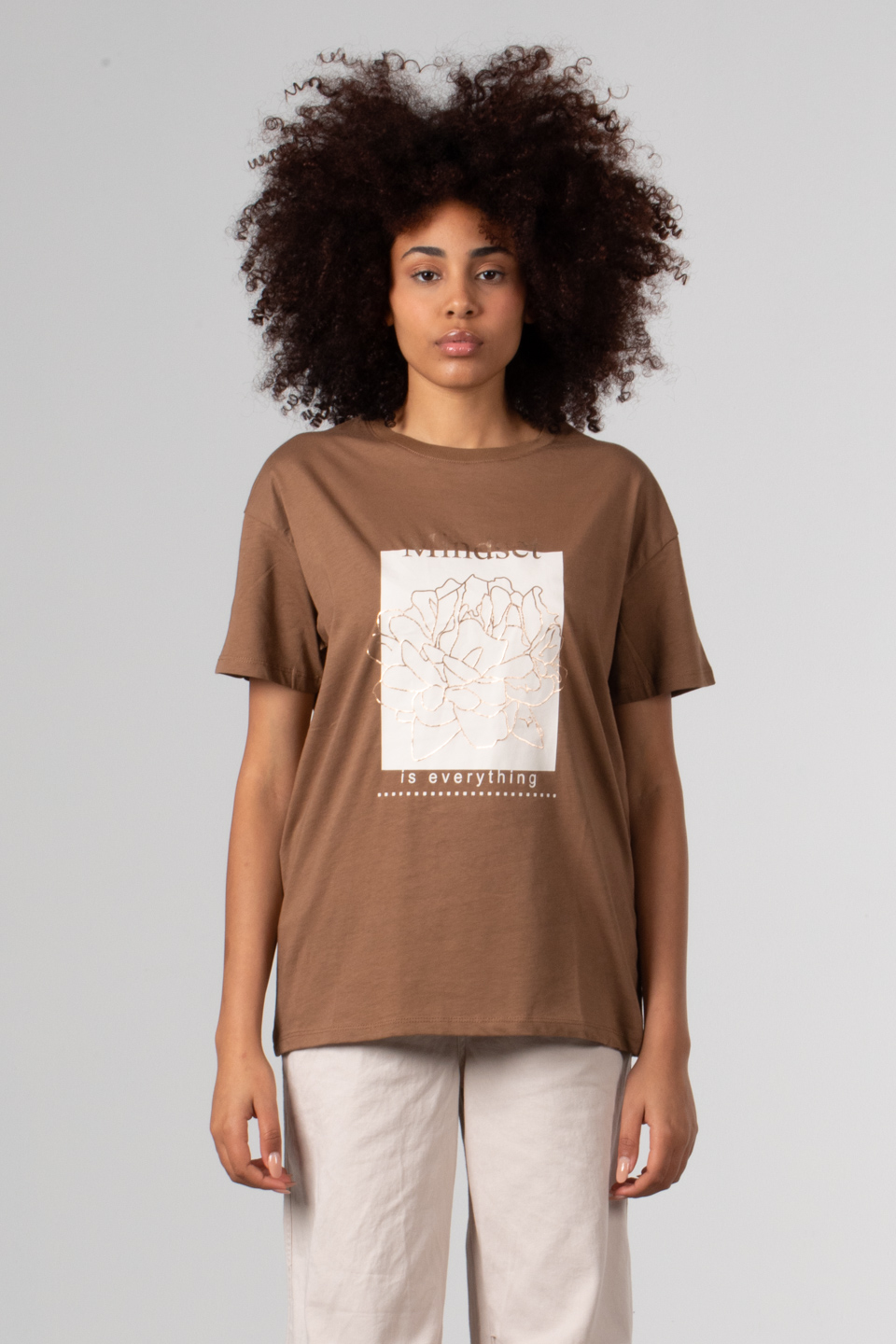 Ön çiçek baskılı t-shirt-DVN0342 Kahve
