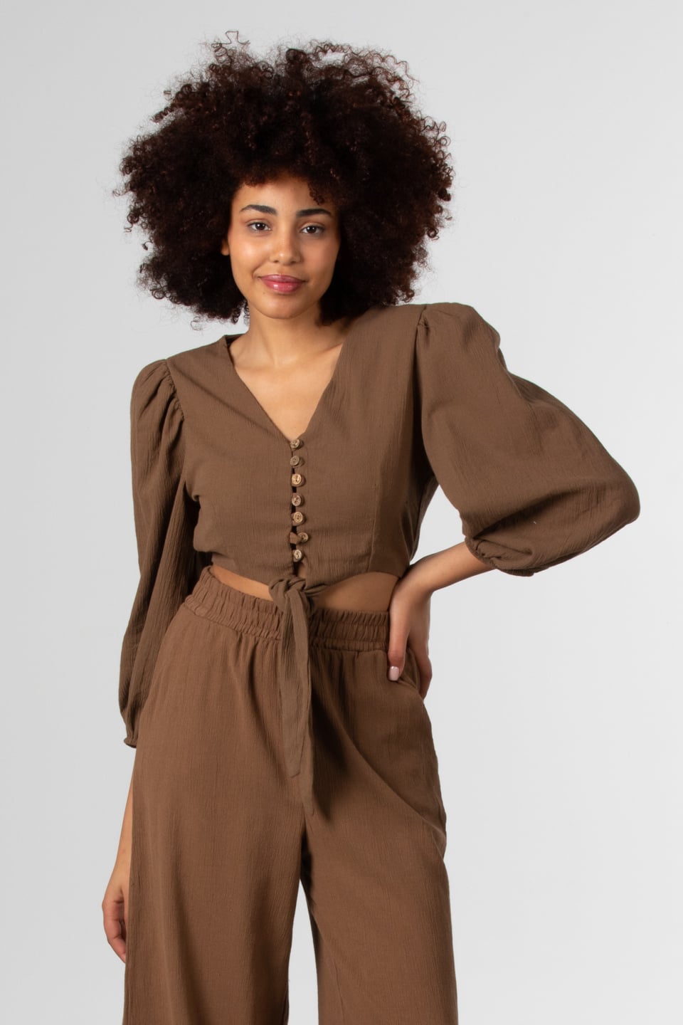 Ön düğme detaylı bluz-8045 Kahve