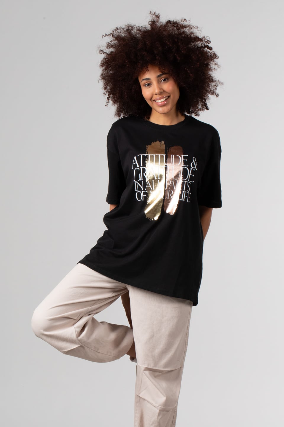 Ön parlak yazı baskılı t-shirt-DVN0350 Siyah