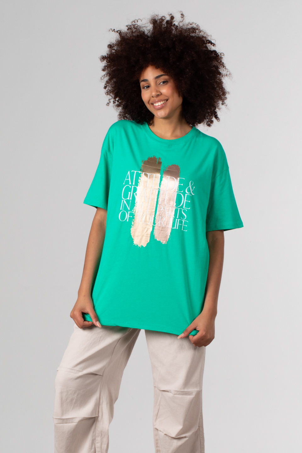Ön parlak yazı baskılı t-shirt-DVN0350 Elma Yeşil
