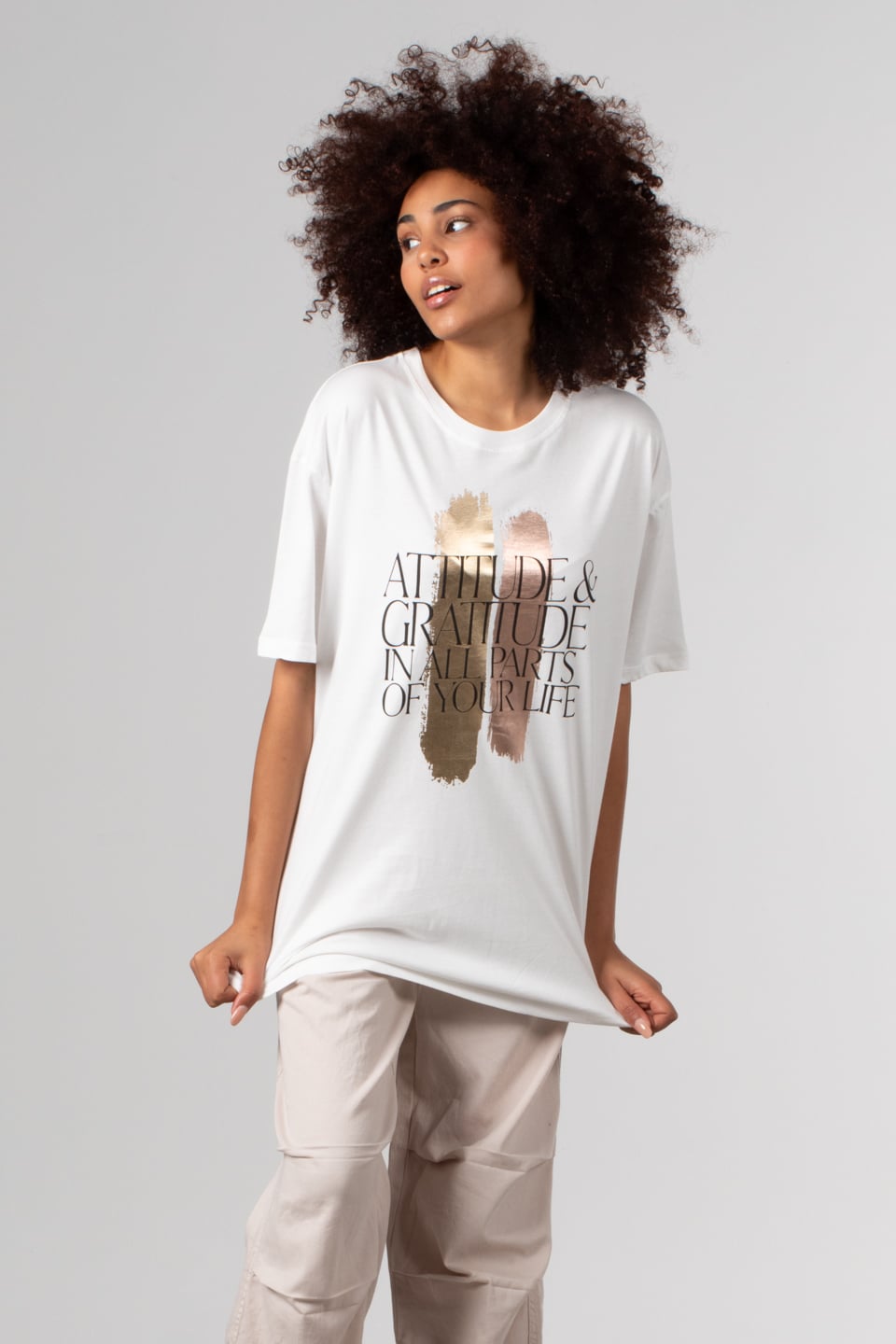 Ön parlak yazı baskılı t-shirt-DVN0350 Beyaz