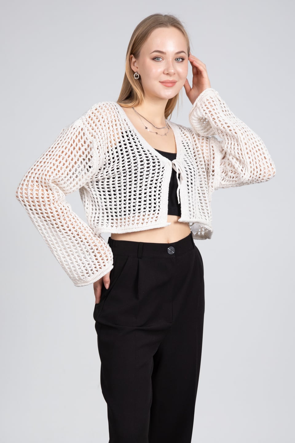 Önden bağlamalı crop hırka-1570 Ekru
