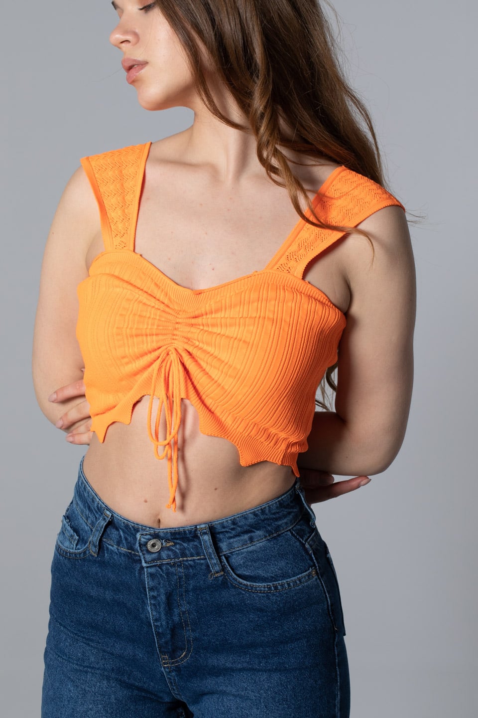 Önden büzgülü crop body-8319 N.Oranj