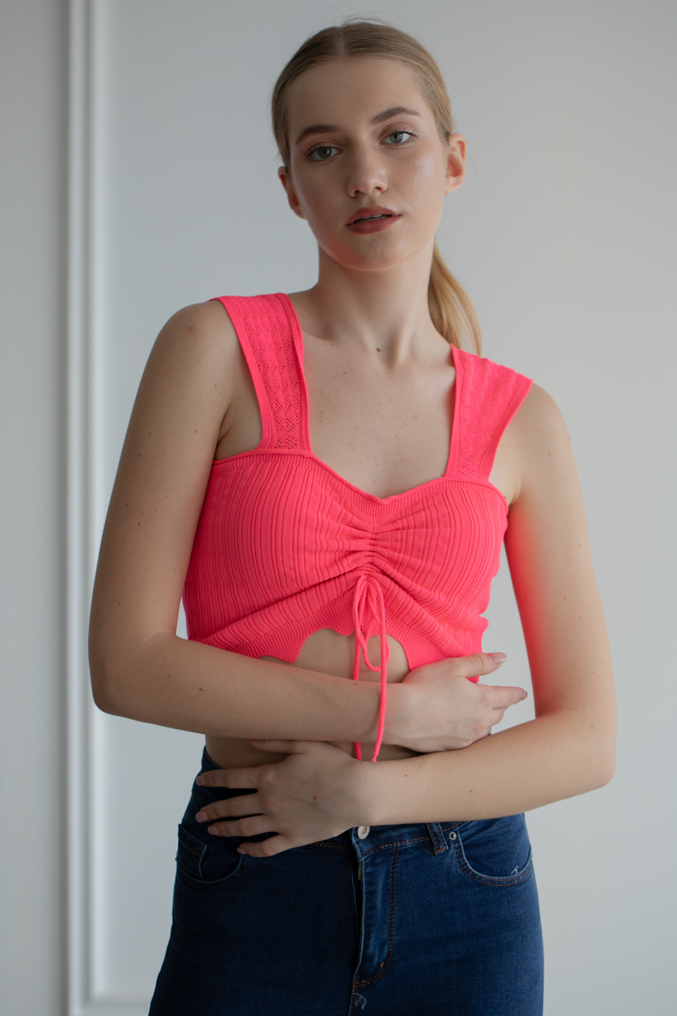 Önden Büzgülü Crop Body - Pembe