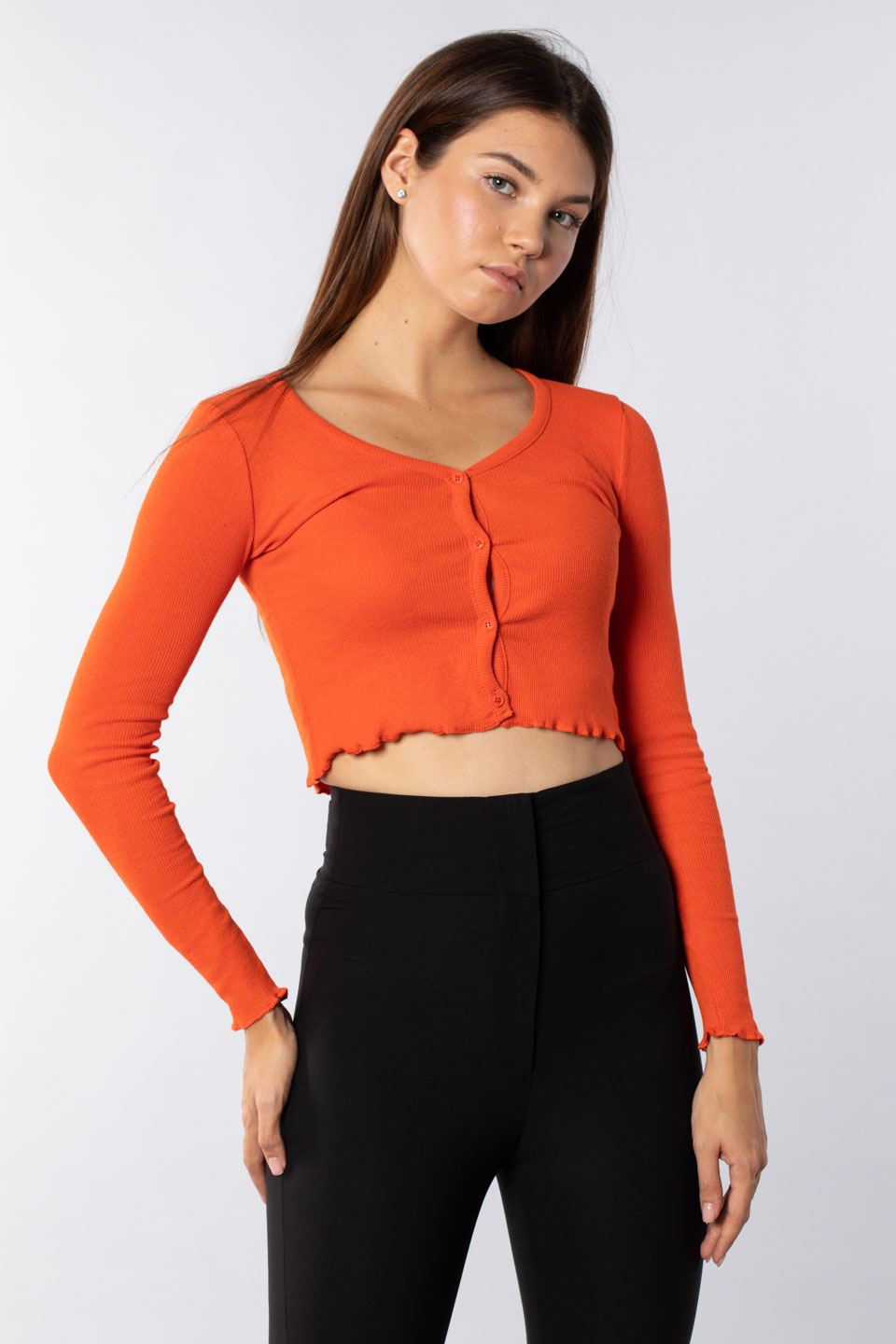 Önden düğmeli crop hırka-2123 Oranj