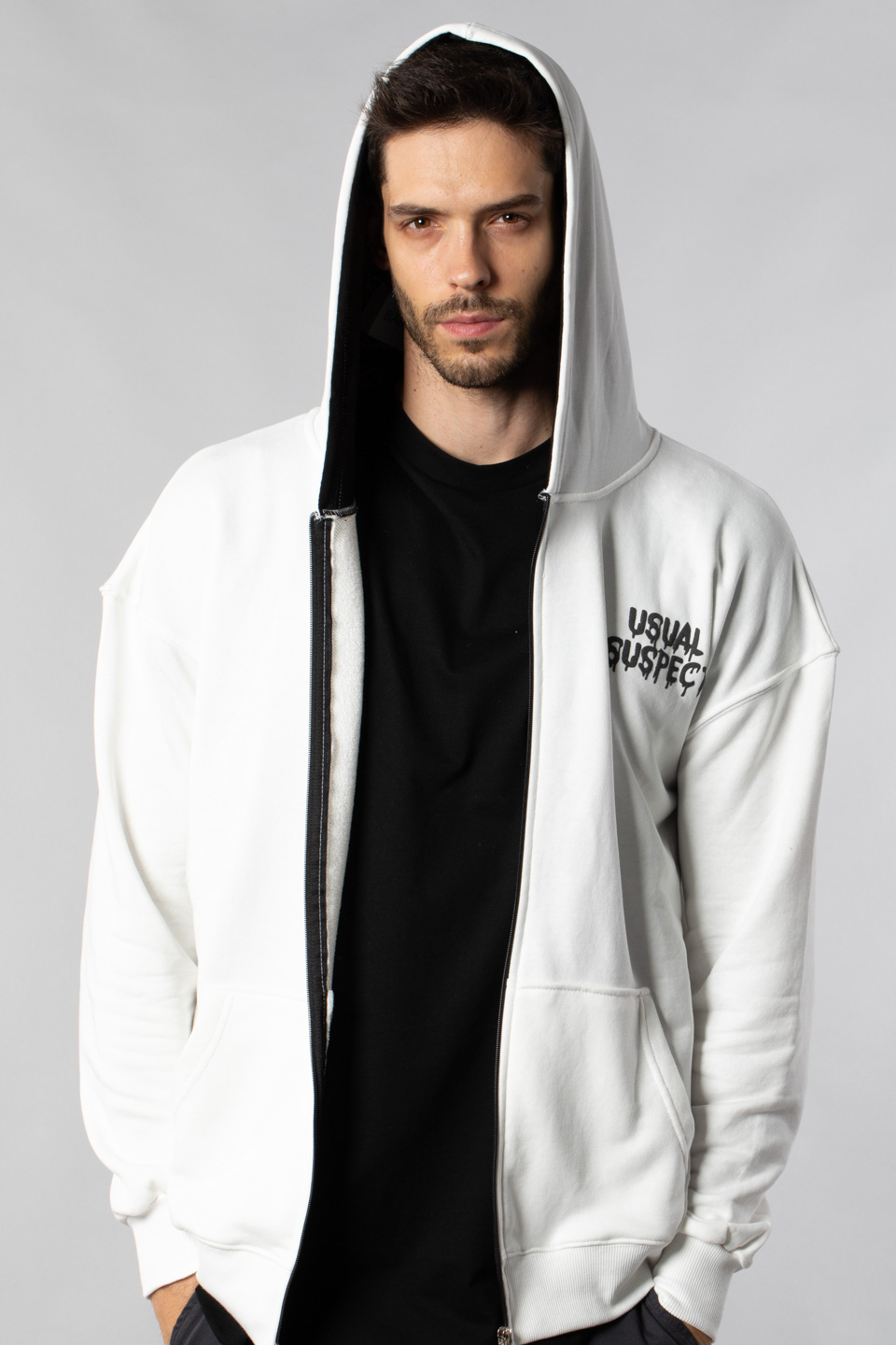 Önü Arkası Baskılı Fermuarlı Sweatshirt - Ekru