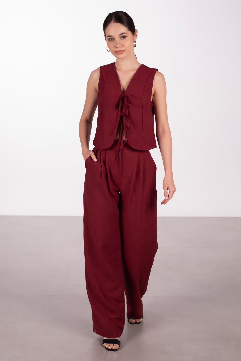 Önü bağlamalı yelek pantolon ikili takım-4764 Bordo