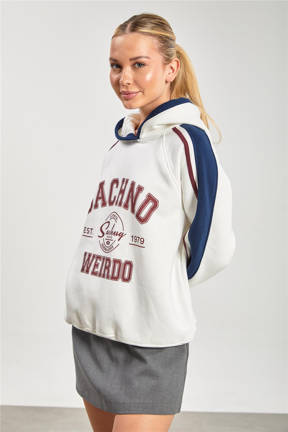 Önü baskılı kolları biyeli kapüşonlu sweatshirt-DVN1249 Ekru