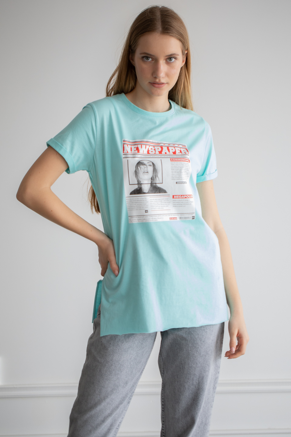 Önü baskılı t-shirt-22F-192 Aqua