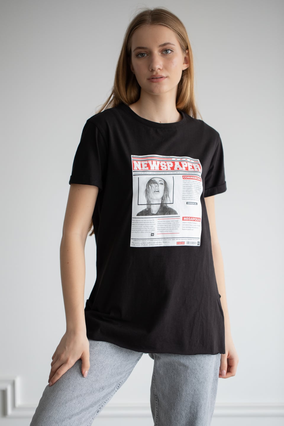 Önü baskılı t-shirt-22F-192 Siyah