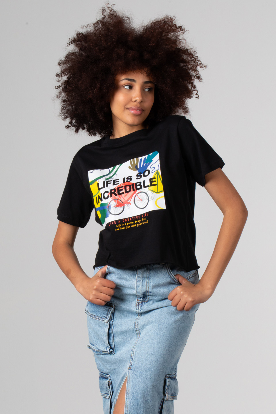 Önü bisiklet baskıl crop t-shirt-182 Siyah